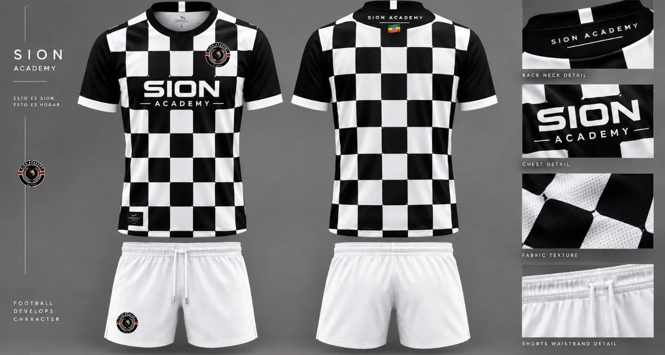 The 2026/27 Sion Academy kit: black and white chequered shirt with the academy crest, and white shorts